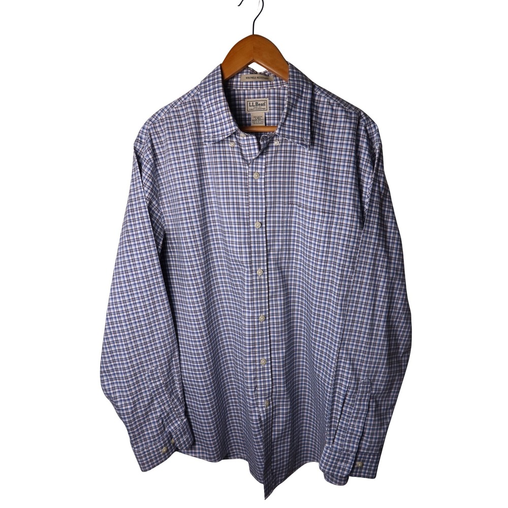 LL Bean Mens Wrinkle Resistant Plaid Button Down Shirt Blue White Size Large